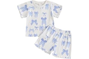 PUHHAPIEY Baby Girl Summer Clothes Toddler Cute Bows Outfit Short Sleeve T-shirt Shirt Tops + Elastic Waist Shorts Set