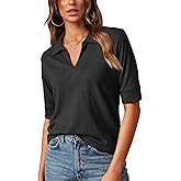 Minclouse Women's Elbow Sleeve Collared Tee Casual Relaxed Fit Tops V Neck Summer Blouse