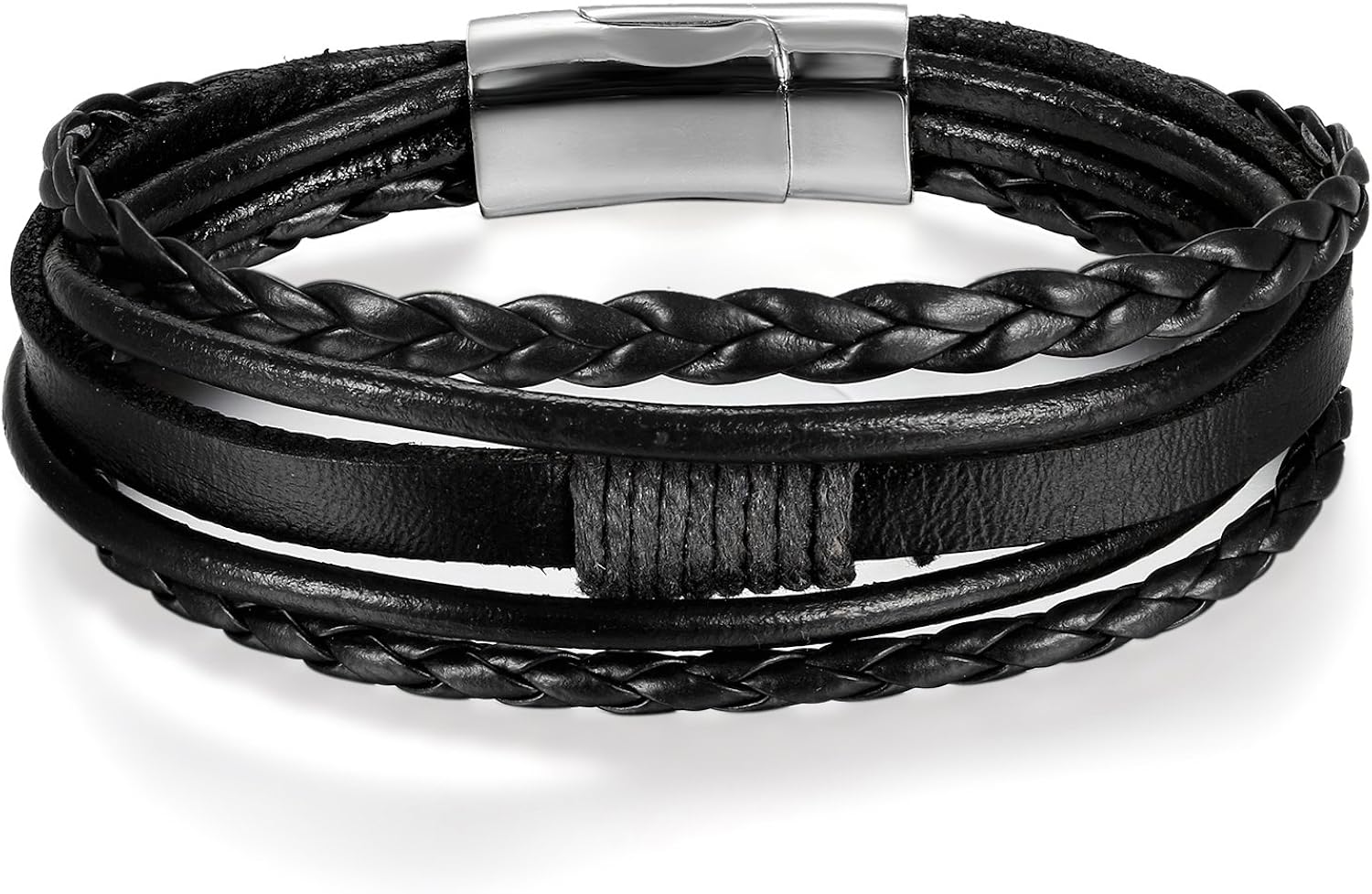 JewelryWe Jewelry Bracelets Man Biker, Casual Leather Braided Bracelet with Magnetic Closure, Retro Vintage Original Gift for Man, Black Brown - Image 3