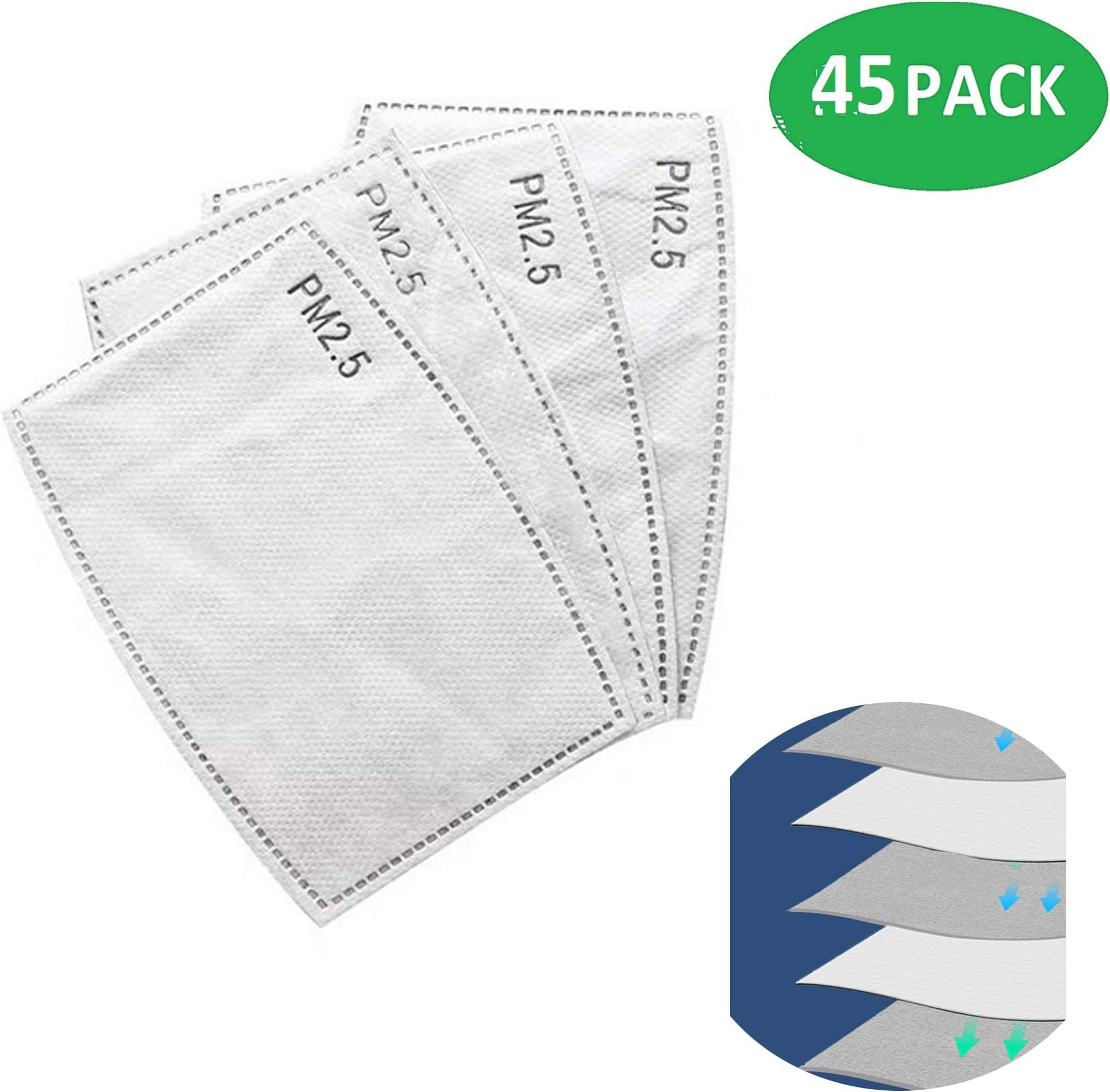 Adult PM2.5 Activated Carbon Filter, Breathing Insert 5 Layers Protective Filter for Men Women(Adult Size) (45 PACK)