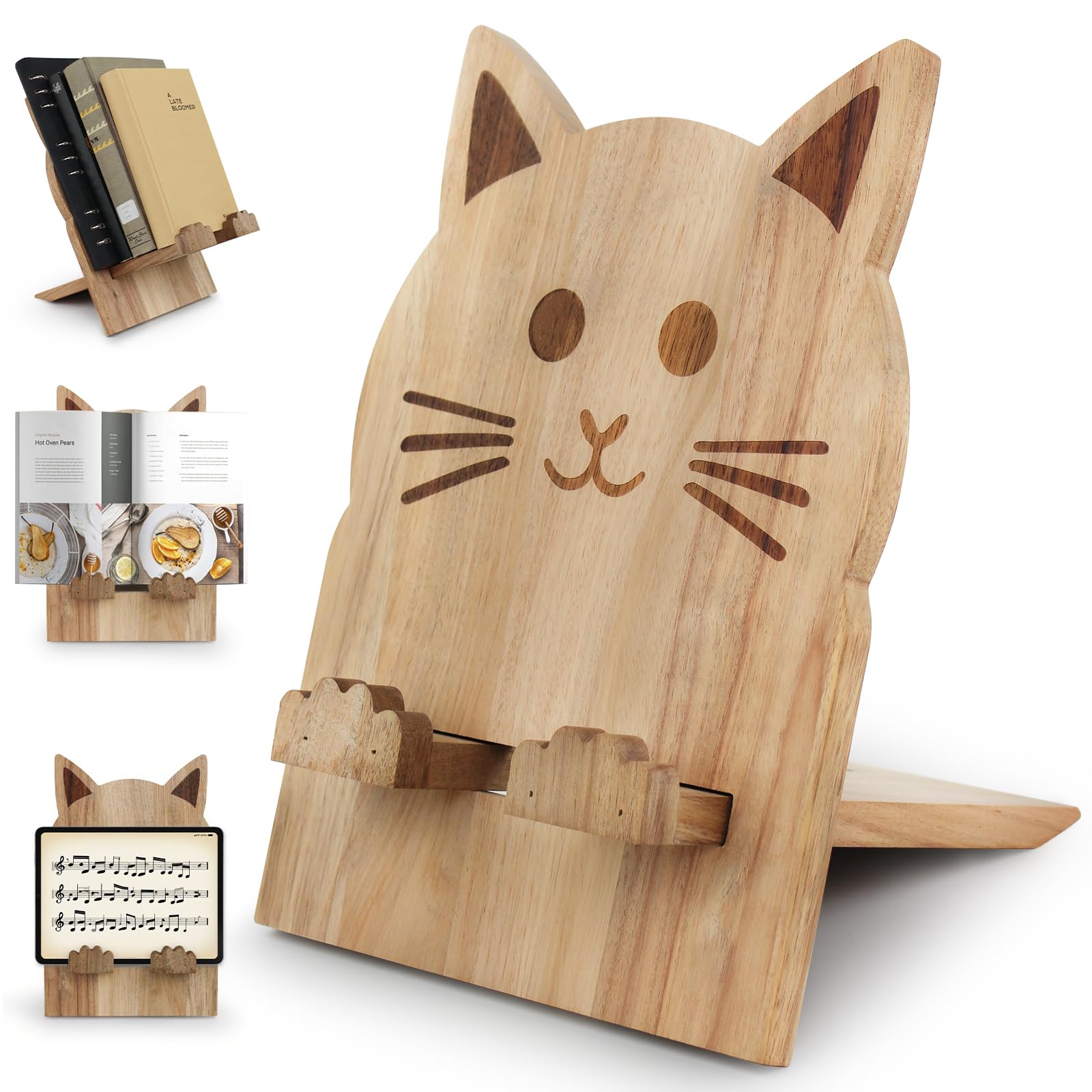 Photo 1 of ??Hands-Free Adjustable Cookbook Stand with Cat Paw Design?? - Wooden Recipe Book Holder for Kitchen Counter with Stable Non-Slip Base - Multi-Use Wooden Holder for Kitchen, Desk, Piano