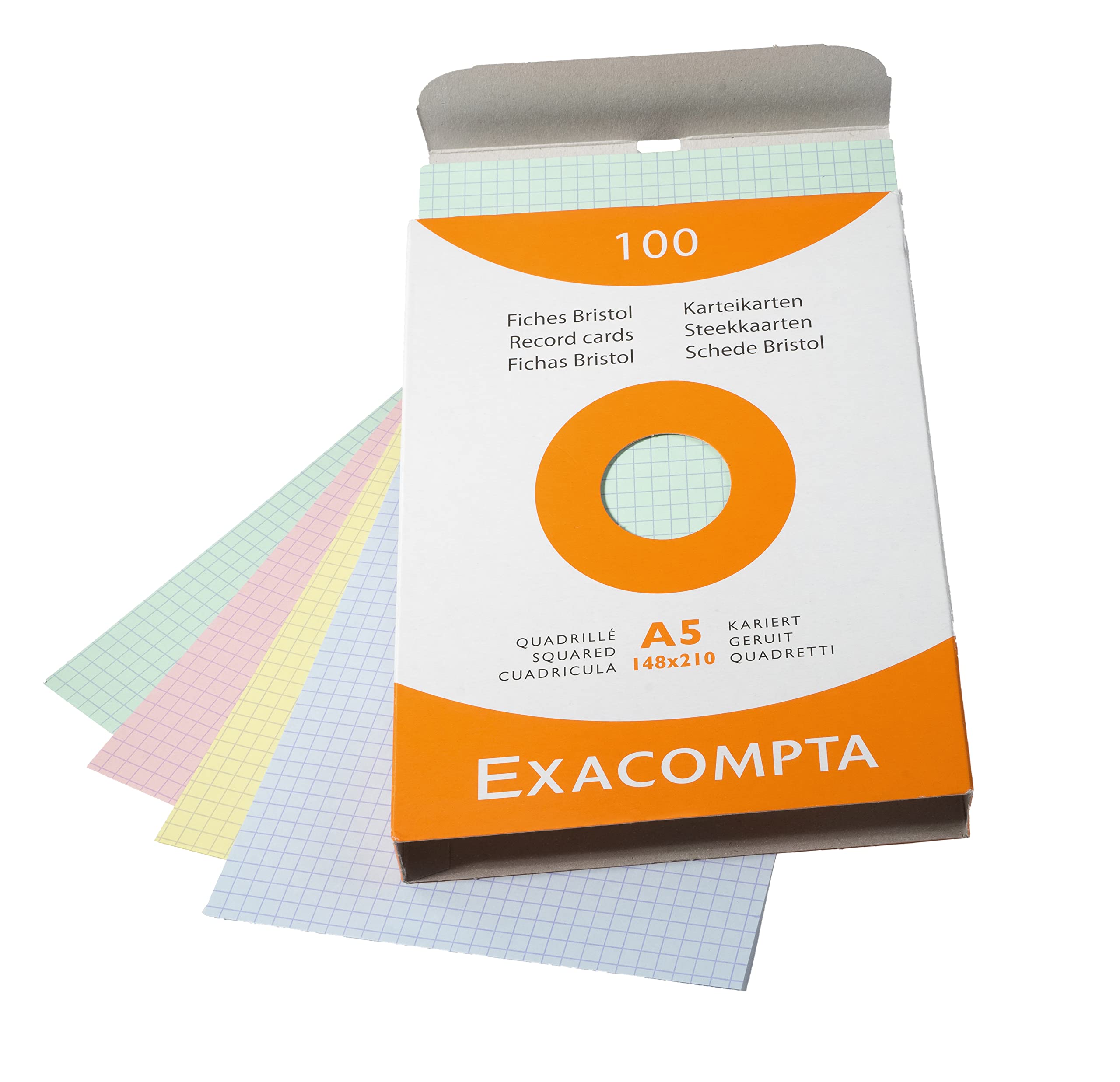 Exacompta - Ref 13378E - Bristol Squared Record Cards (Pack of 100) - A5 in Size, 205gsm Card, Compatible with Printers - Suitable for Exam Revision & Notes - Assorted Colours — image 1
