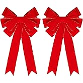 hoyuwak 2 PCS Red Christmas Bows Outdoor Decorations 11"×20" Velvet Wreath Bow with Glitter Gold Edge Large Christmas Tree Topper Bow for Home Outdoor Xmas Decor Door Wreaths