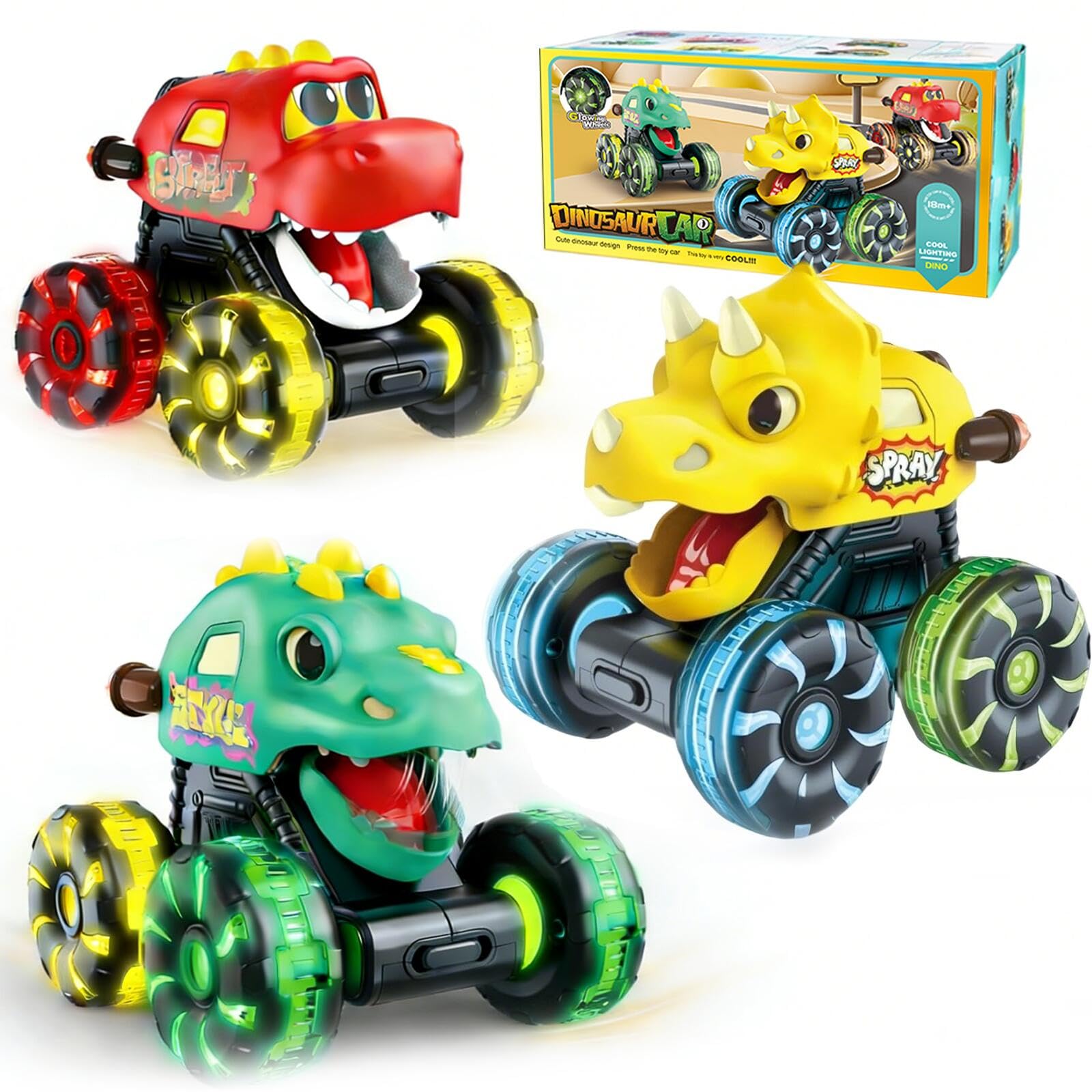 Dinosaur Truck Toys for Kids, 3PCS Dinosaur Car Toys with Light Up Wheel, Press and Go Dinosaur Truck Car Toys for Toddlers, Boys Girls Birthday Gifts.