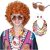 FantaLook Curly Orange Red Cosplay Wig with Necklace Earrings and Sunglasses for Women Halloween Costume
