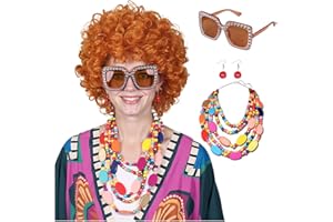 FantaLook Curly Orange Red Cosplay Wig with Necklace Earrings and Sunglasses for Women Halloween Costume