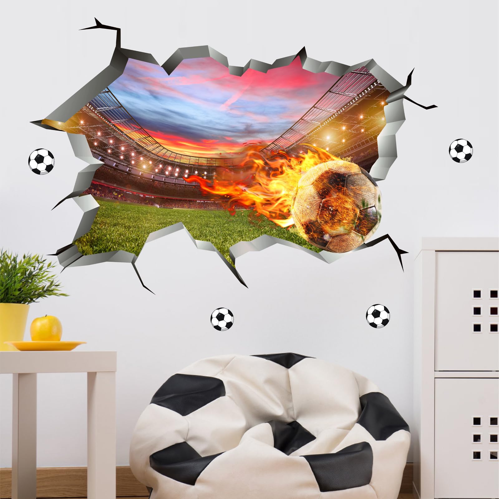Football Wall Stickers Football Wall Decals 3D Broken Football Field Wall Decals for Nursery Soccer Wall Stickers Sports Wall Art Murals Vinyls Decals for Kids Playroom Teens Boys Bedroom Accessories