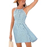 CUPSHE Women Geo Halter Summer Dress Sleeveless Smocked Waist A Line Casual Beach Sundress Vacation Holiday Mini Dress