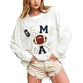 ChiyeeKiss Womens Sparkle Sequin Football Game Day Letter Sweatshirt Rugby Y2K Crewneck Oversized Shirt Long Sleeve Pullover