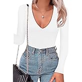 SAUNGKUAI Women's Plunge Deep V Neck Long Sleeve Bodysuit Double Lined Thong Body Suit Shirt Tops