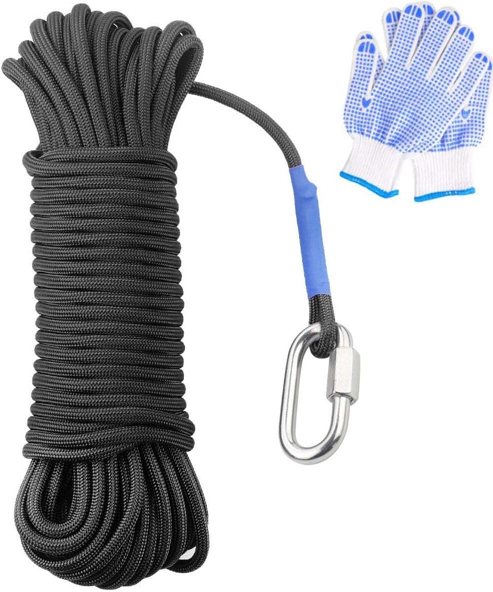 TooTaci Magnet Fishing Rope with Carabiner/Nylon Rope/High Strength Cord for All Purpose - 65 Feet/Diameter 6mm / Black