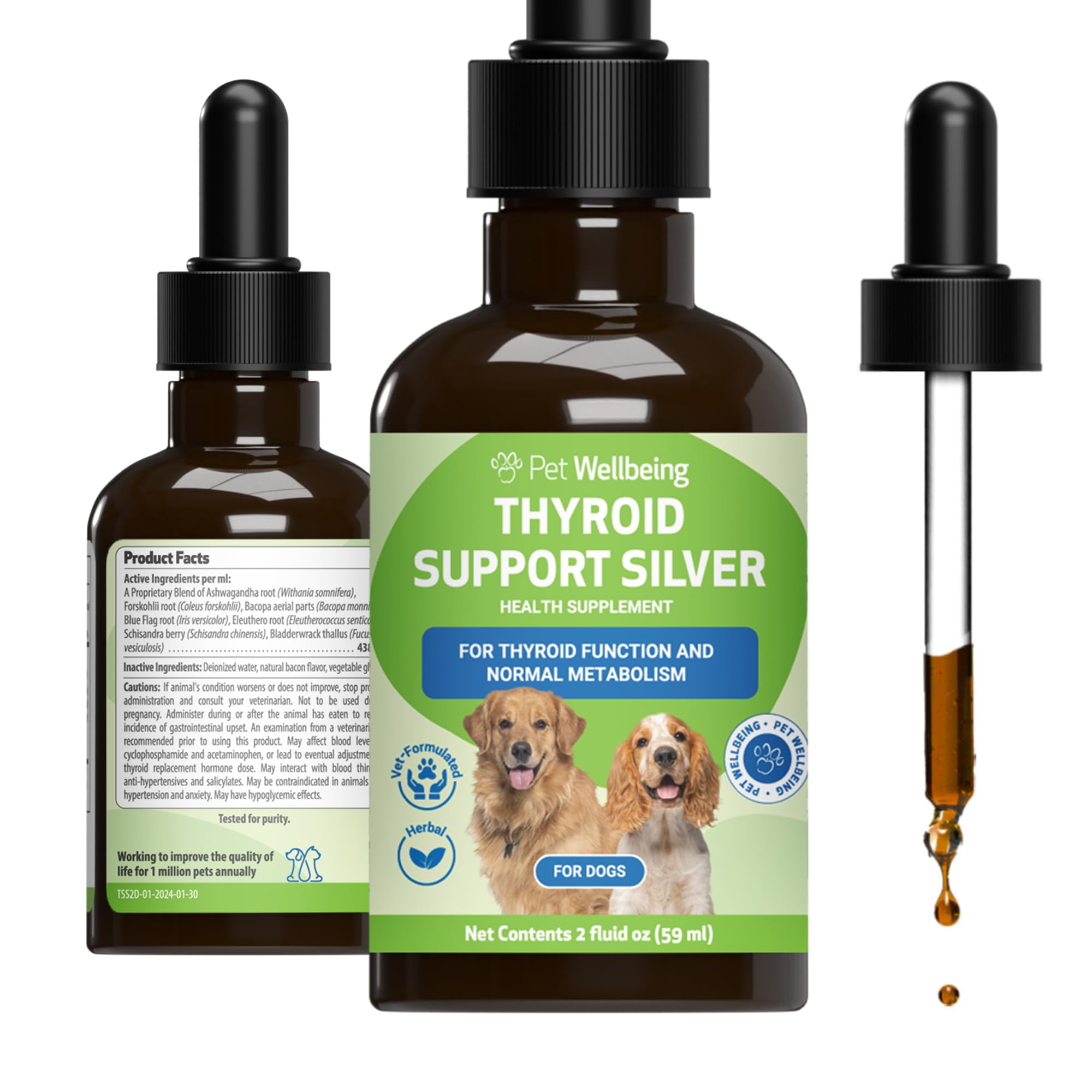 Pet Wellbeing Thyroid Support Silver for Dogs - Supports Balanced Thyroid Function, Healthy Metabolism, Normal Energy, Ashwagandha, Bacopa - Veterinarian-Formulated Herbal Supplement 2 oz (59 ml)