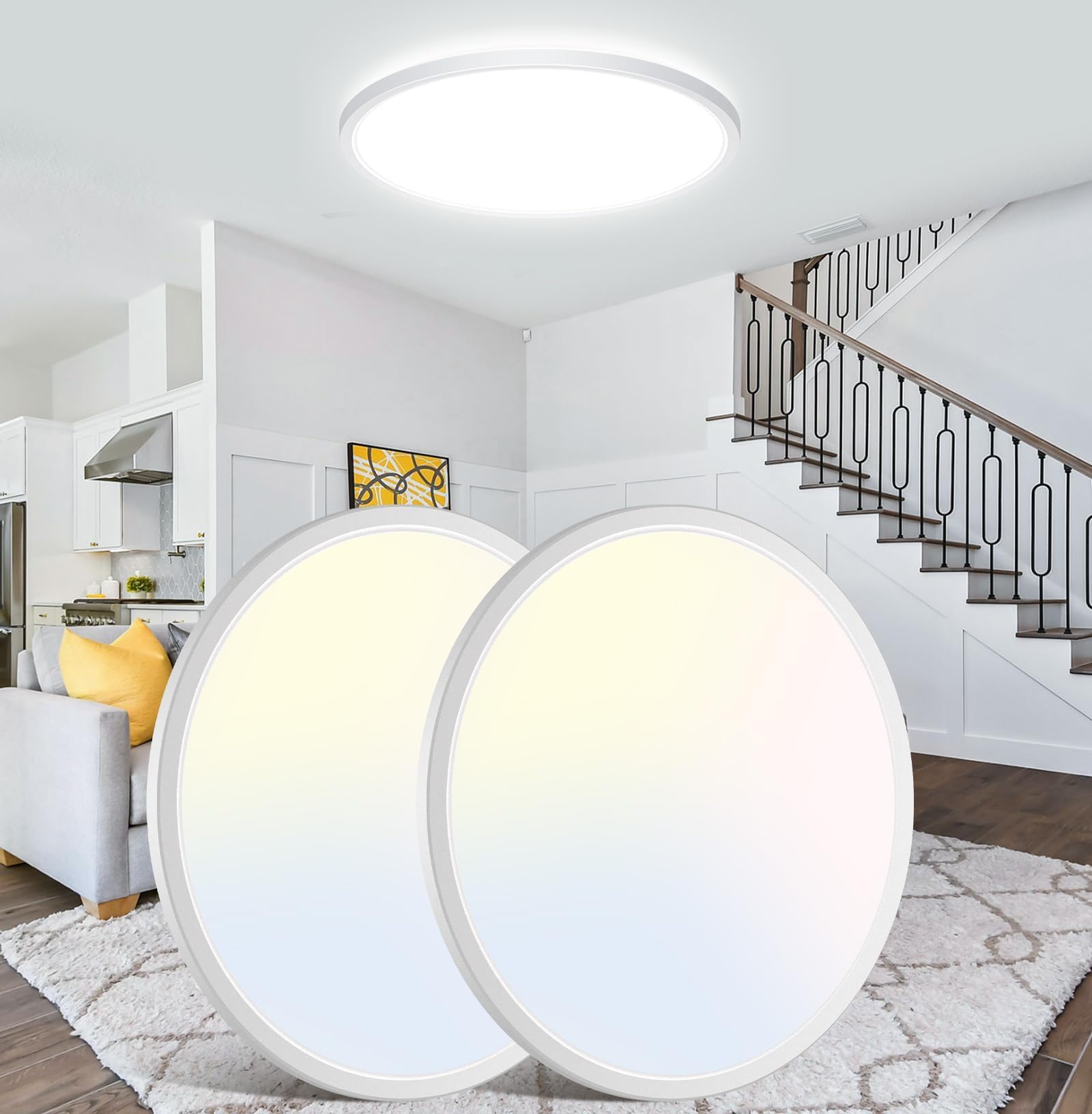 libtit 24W Bathroom Lights Ceiling, 33CM 2400LM Ultra-Slim Kitchen Lights Ceiling,3000K/4500K/6000K Modern Led Flush Mount Ceiling Light Fixture for Bedroom, Office, Hallway,2Pack