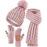 Womens Beanie Hat Scarf Gloves Set, Soft Fleece Lined Winter Hat with Pom Pom, Long Knit Scarf Neck Warmer Touchscreen Gloves for Cold Weather, 3 in 1 Warm Set(F06) Pink