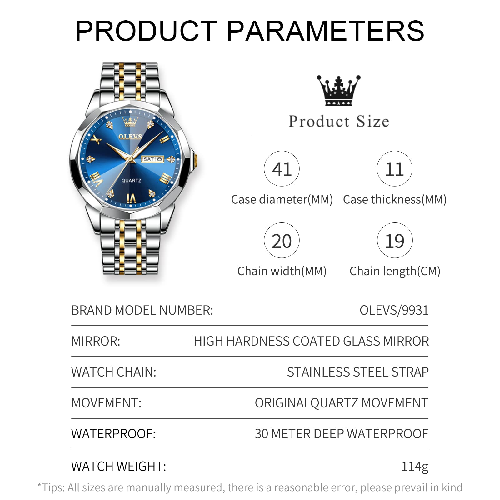 OLEVS Uhr Herren Luxus Diamant Edelstahl Wasserdicht Analog Datumsanzeige Business Original Blau Armbanduhr Herren 5