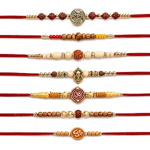 Set of 7 Designer Rakhi for Brother – OM Rakhi, Rudraksha and Ganesha Rakhi for Bhaiya, Traditional Raksha Bandhan Rakhi for
