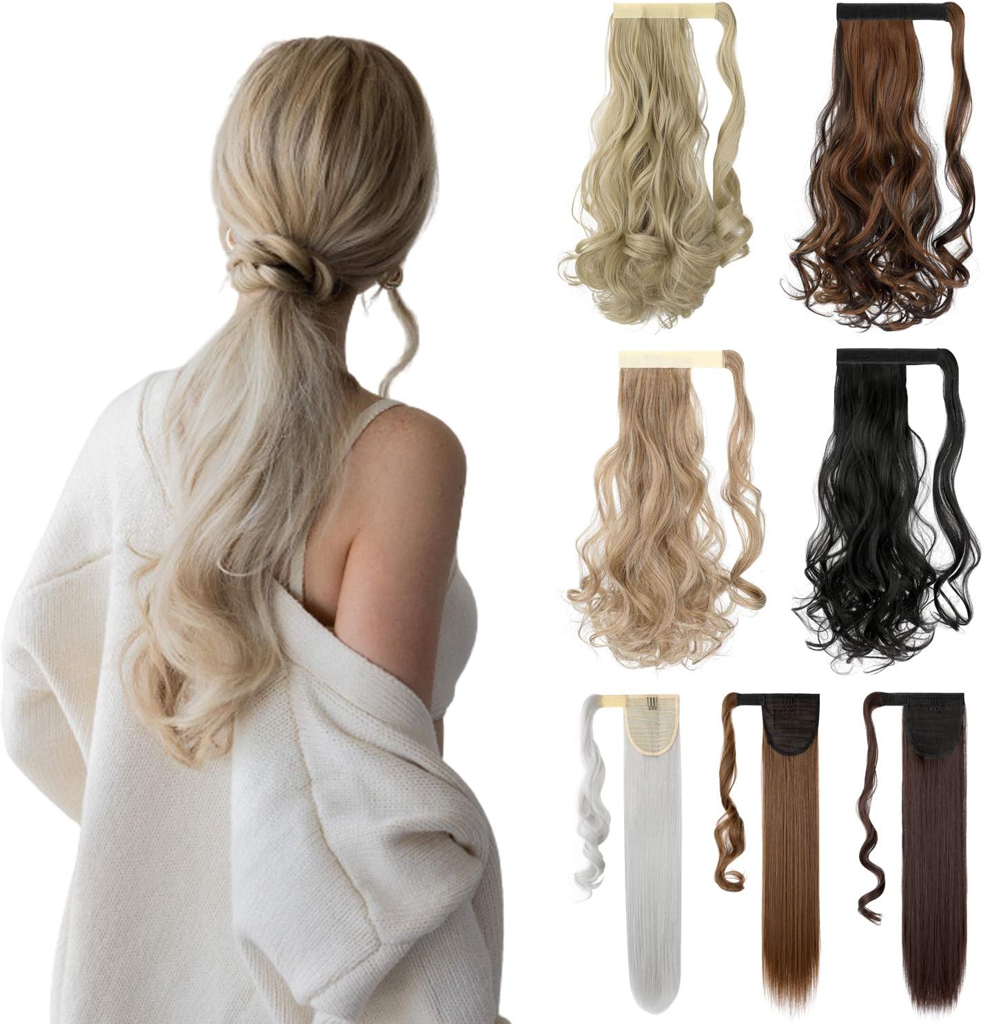 Hebelin 18" 24" Drawstring Ponytail Extension Natural Straight Curly Hairpieces For Women Clip In Synthetic Wrap Around Pony Tails Long Hair Dark Brown -wavy