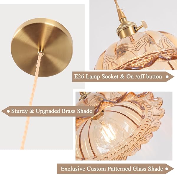 NOGCEW VINTAGE PENDANT LIGHT, 9.81″ AMBER PENDANT LIGHTS KITCHEN ISLAND PENDANT,GLASS CHANDELIER FOR DINING LIVING ROOM RESTAURANT BEDROOM FOYER ENTRYWAY BULB INCLUDED
