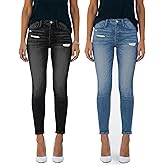 PerZeal Women's Mid Waisted Jeans Trendy Distressed Stretch Ripped Denim Pants (Pack of 2)