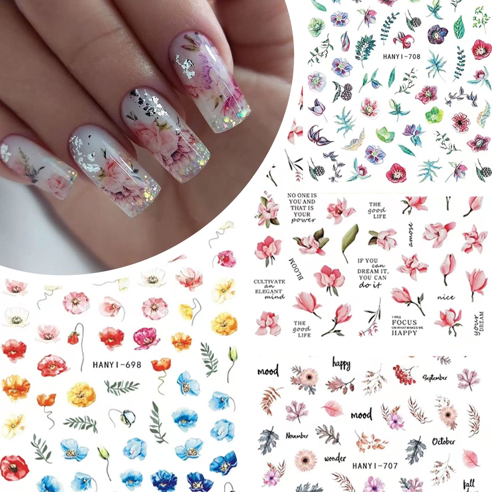 Baoximong 9 Sheets Flower Nail Art Stickers Decals 3D Self-Adhesive Nail Decals Spring Floral Nail Art Supplies Charming Daisy Leave Peony Nail Accessories for Women Nail Decorations Design - Image 6