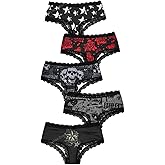 WDIRARA Women's 5 Pack Set Goth Graphic Print Mesh Sheer Lace Trim Mid Rise Underwear Briefs