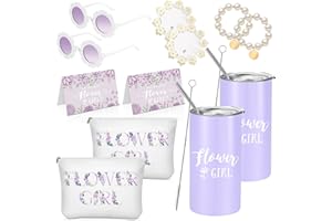 Inbagi 12 Pcs Flower Girl Set Including Tumbler, Sunglasses, Canvas Bag, Proposal Card, Bracelet & Hair Clip for Wedding, Engagement & Bridal Party (Purple)