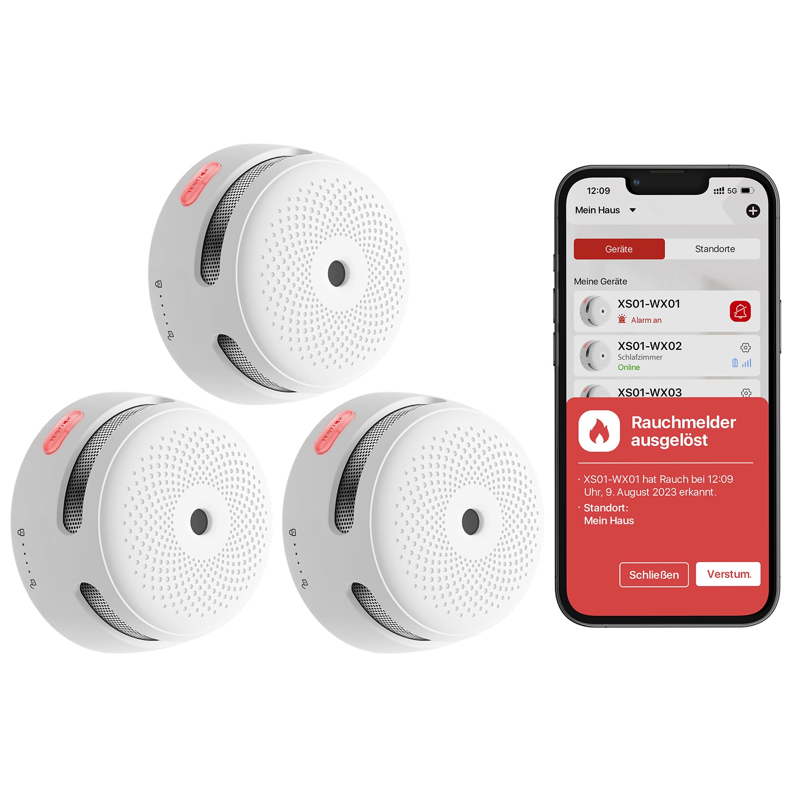 X-Sense Rauchmelder WLAN, entspricht der Norm EN14604, Rauchmelder Smart mit austauschbarer Batterie, Benachrichtigungen über die App, 3 Stück