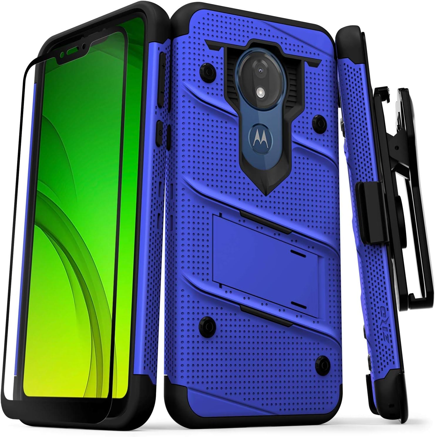 ZizoZIZO Bolt Series Moto g7 Supra Case Military Grade Drop Tested with Full Glass Screen Protector Holster Kickstand g7 Power Blue Black