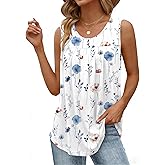 Zeagoo Women Summer Tank Tops Loose Fit Flowy Boho Pleated Sleeveless Shirts Crew Neck Dressy Casual Tunic Trendy Blouses