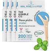 The Humble Co Molar Floss Picks for Teeth, 200 Count (Mint) - Angled Dental Flossers with Extended Reach for Molars & Back Teeth - Plant-Based Floss for Interdental Oral Care, Hygiene & Gum Health