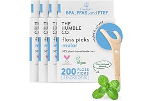 THE HUMBLE CO. The Humble Co Molar Floss Picks for Teeth, 200 Count (Mint) - Angled Dental Flossers with Extended Reach for Molars & Back Teeth - Plant-Based Floss for Interdental Oral Care, Hygiene & Gum Health