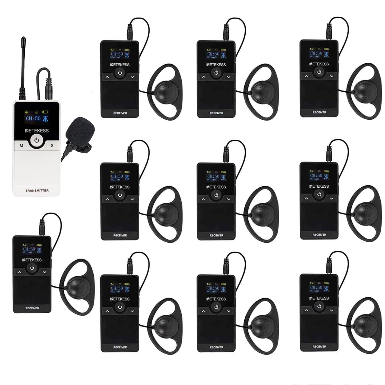 Retekess TT116 Wireless Tour Guide System, Tour Guide Set mit Headset, 200m, Full Noise Reduction, Tour Guide Microphone and Speaker for Tourism, Factory Tours (1 Transmitter 10 Receivers)