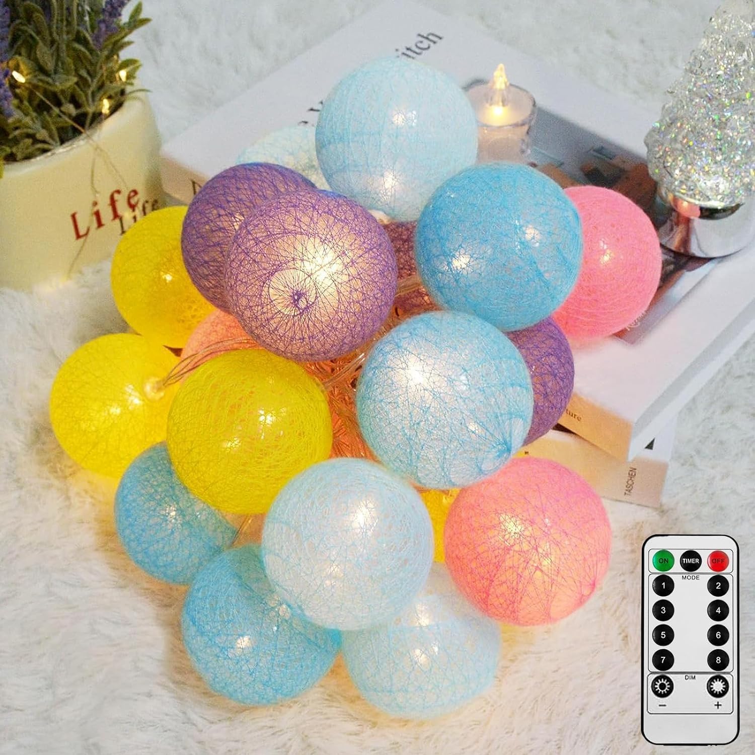 Ciskotu Fairy Lights LED String Lights - 3.8M 20 Pcs UK Plug 8 Lighting Modes Cotton Ball String Lights with Remote Control for Wedding Party Home Christmas Decoration