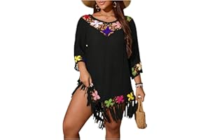 Women's Plus Size Boho Tassel Colorful Floral Cover Up Hollow Out 3/4 Sleeve Beach Dresses