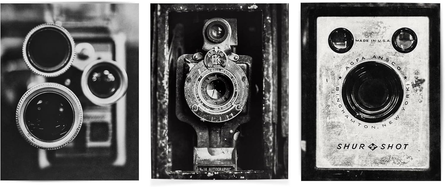 Photographs - Lisa Russo Fine Art - Black and White Vintage Camera Prints for Industrial Wall Decor - Set of 3 - Not Framed (3 8x10 Prints with 11x14 Mats)