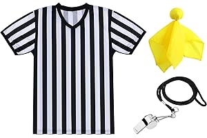 SATINIOR Men's Official Uniform Black and White Stripe Pro-Style Neck Referee Shirt, Officiating Umpire Jersey and Stainless Steel Whistle with Lanyard for Halloween Basketball Football Soccer