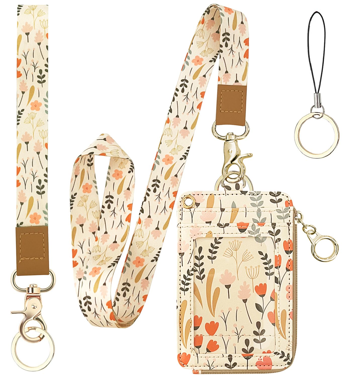 Bolimoss Floral Lanyard for ID Badge Wallet with Zipper Pocket, Cute Women Badge Holder with Detachable Neck Wrist Lanyard, ID Name Tag Work Badge Clip — image 1