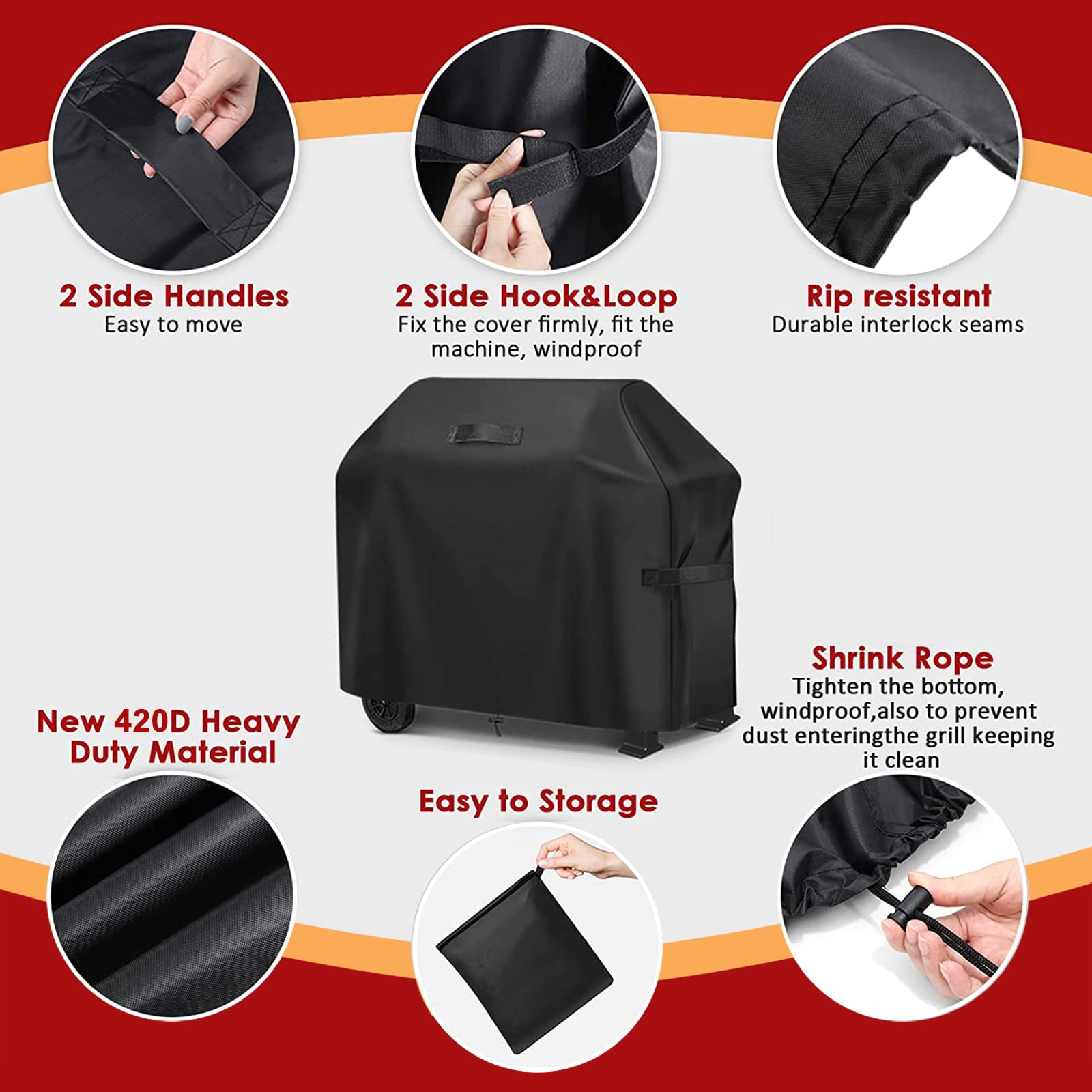 GARPROVM Grill Abdeckhaube, Grillabdeckung wetterfest Gasgrill Abdeckung Grillhaube Wasserdicht Winddicht Staubdicht BBQ Abdeckplane für Weber Brinkmann Char Broil, 183 x 66 x 130cm 5