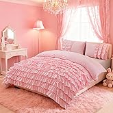 Holawakaka Pink Waterfall Ruffle Comforter Set Full Size Multi-Layers Ruffled Shabby Chic 3PCS Bedding Set for Girls Women