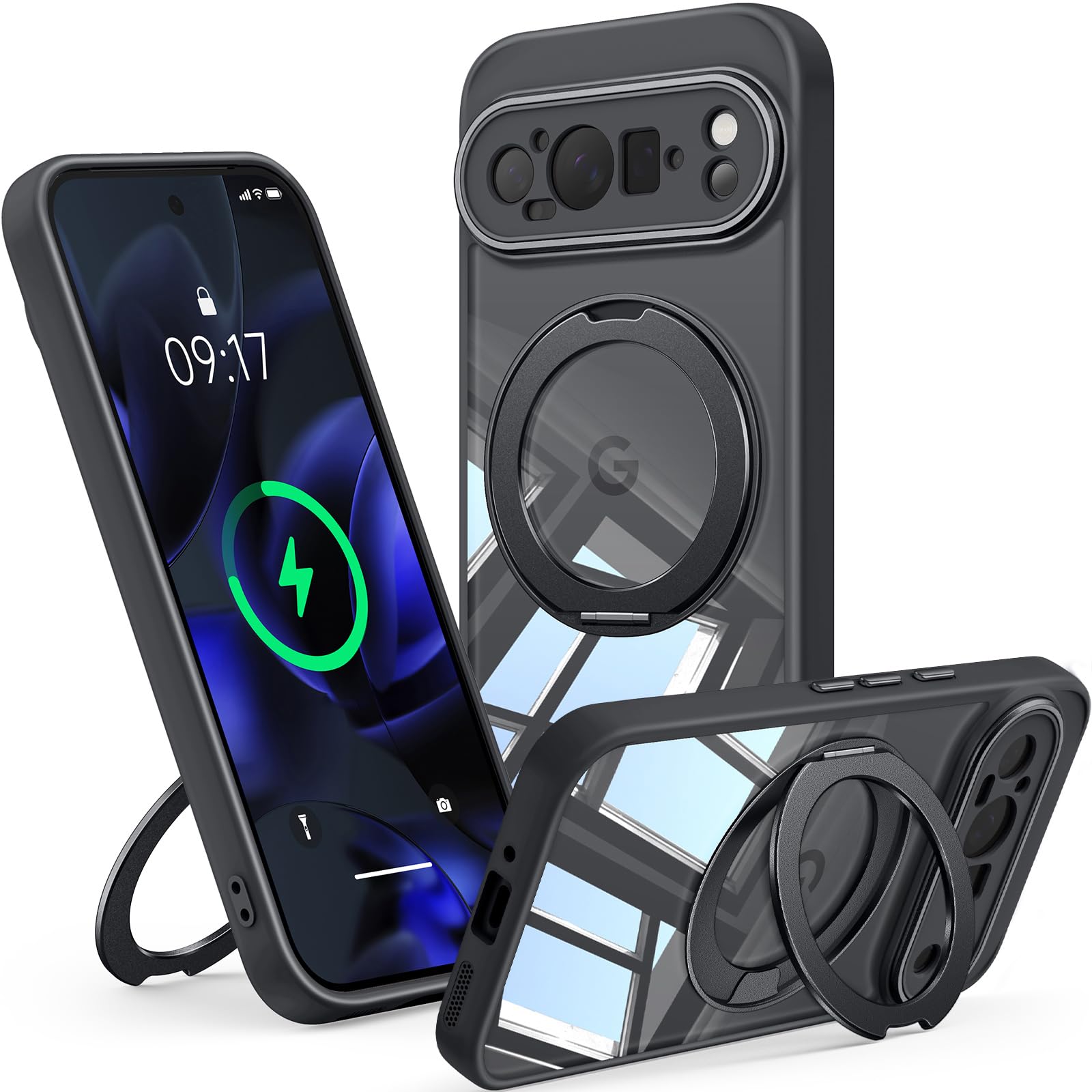 Photo 1 of ?360° Spin Magnetic Stand? Case for Google Pixel 9 Pro XL ?Fit for MagSafe & Pixelsnap? Cover with Ring Holder ?No-Yellow Crystal Clear? Camera Protection Phone Google Pixel 9 Pro XL Case - Black