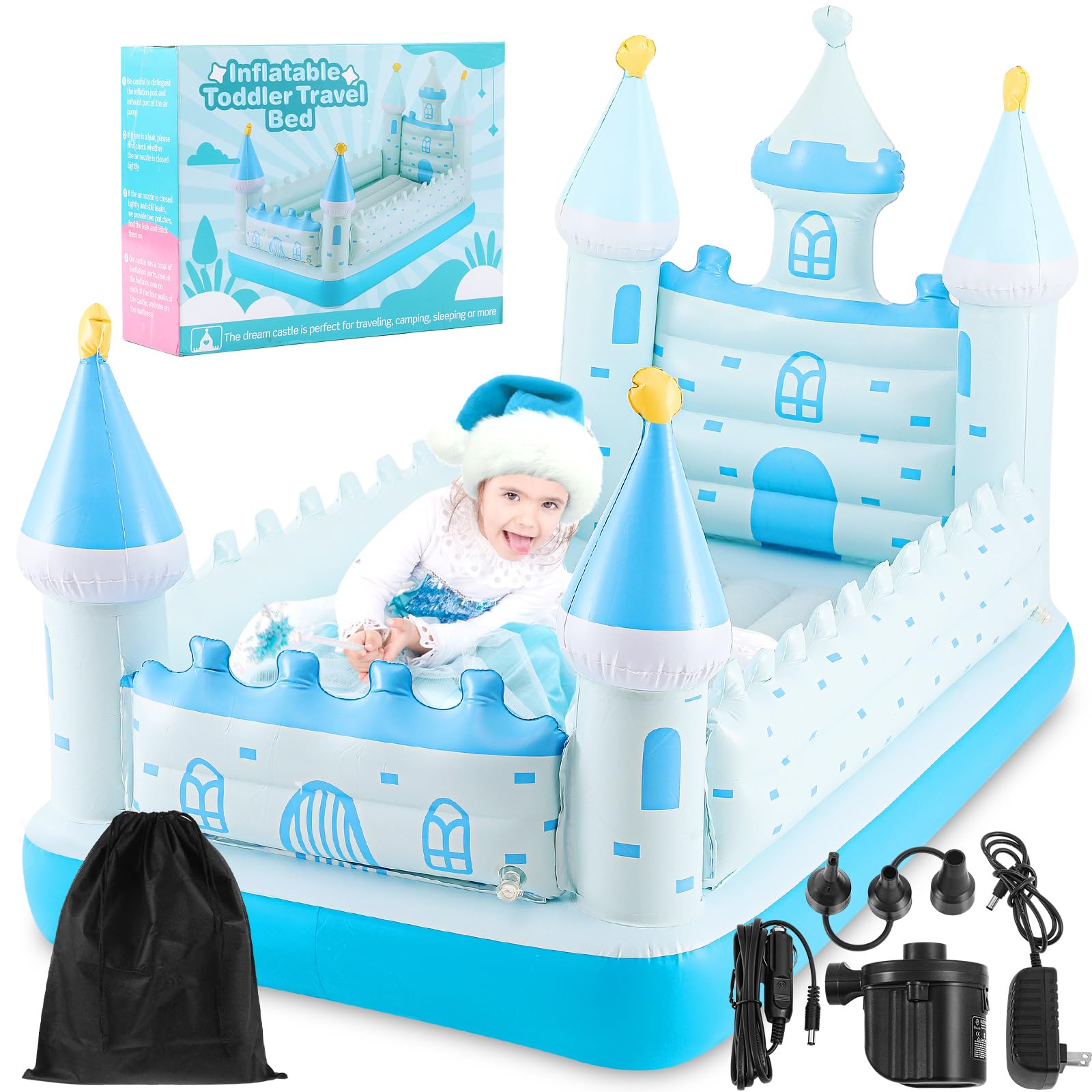 Photo 1 of Relaxgiant Blue Castle Inflatable Kids Bed, Toddler Travel Bed with Safety Bumper and Air Mattress Portable Air Mattress with Pump for Vacation Hotel Home Sleepover Kids Birthday Gift