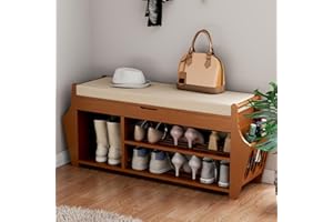 oakvivo 39.4in Shoe Bench with 2 Side Holder, 3 Tier Bamboo Entryway Bench with Storage, Shoe Rack Bench Organizer with Cushion for Entryway Hallway Living Room, Holds up to 330lbs