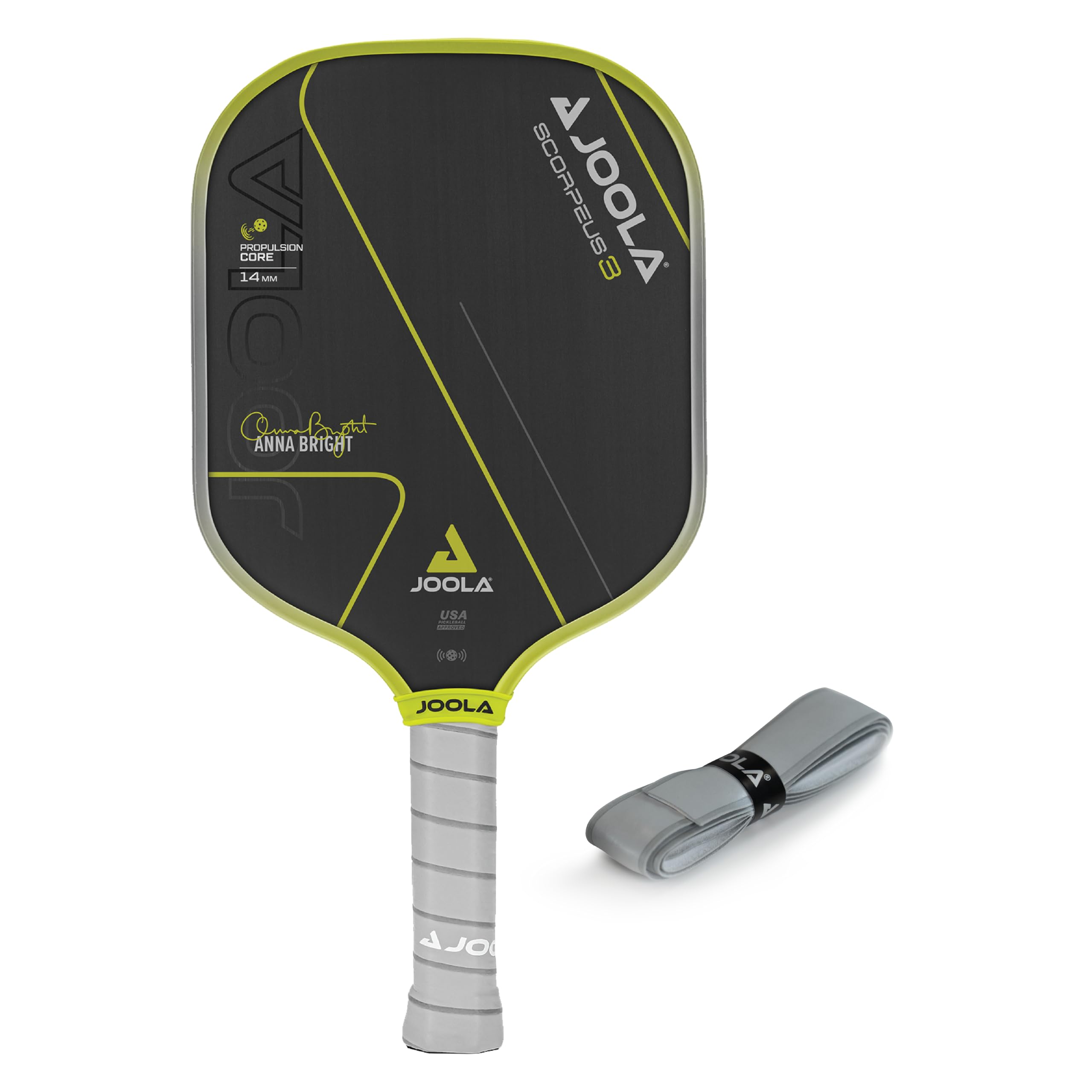 Photo 1 of **missing replacement grip** JOOLA Anna Bright Scorpeus 3 14mm Pickleball Paddle with 1 Replacement Grip - Propulsion Core with Power & Control - Wide Carbon Fiber Pickleball Paddle with Larger Sweet Spot & Yellow Edgeguard