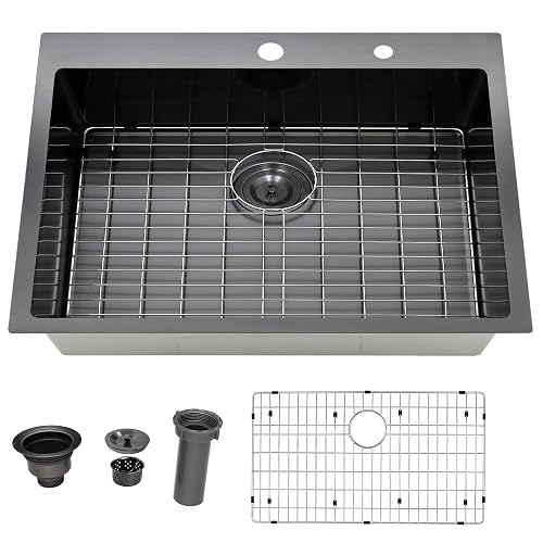 Friho 33x22 Inch Drop in Kitchen Sink Black,16 Gauge Handmade Gunmetal ...