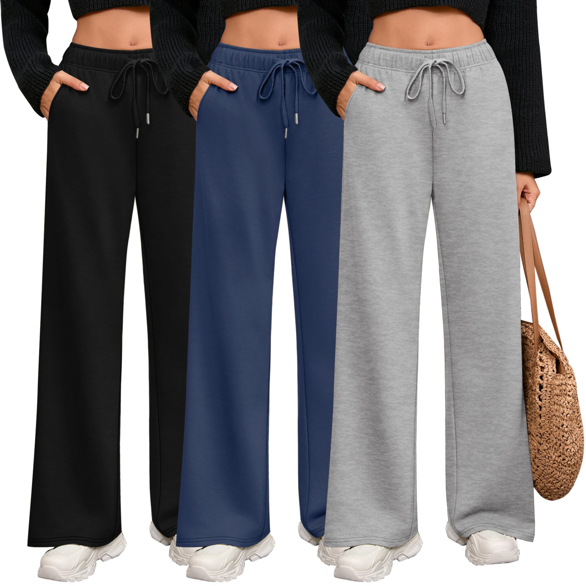 Photo 1 of Riyiper 3 Pack Women Wide Leg Sweatpants Drawstring Straight Pants Elastic Waist Joggers Open Bottom Sweatpants with Pockets(Light Gray, Haze Blue, Black,L)