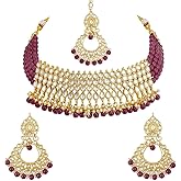 Aheli Beautiful Handcrafted Maang Tikka with Earrings Necklace Set Kundan Bharatanatyam jewellery set Champagne with Beads Gift for Women
