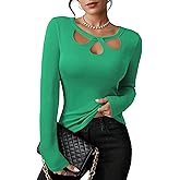 Pink Queen Sexy Tops for Women Fall Clothes Long Sleeve Cutout Keyhole Neck Top Ribbed Knit Shirts