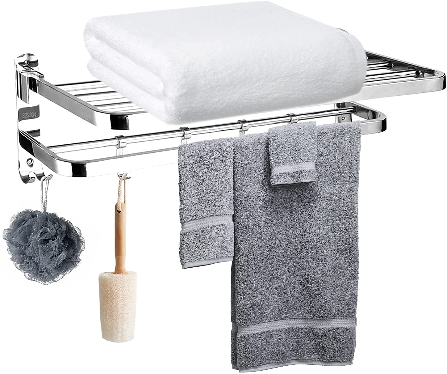 XEUNS Stainless Steel Dual Folding Towel Rack Shelf for Bathroom, Towel