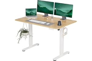 INNOVAR Solid Wood Electric Standing Desk, 48x24 Inches Adjustable Height Stand up Desk with Whole Piece Desktop, Sit Stand Home Office Desk White Frame/Nature Top