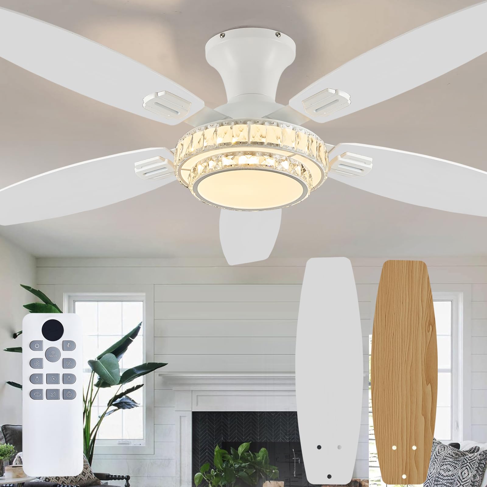 Photo 1 of Fanyank Ceiling Fans with Lights-Crystal Ceiling Fan,50" Low Profile and Remote Control, Flush Mount, Reversible, 3CCT, Dimmable, Noiseless, White Ceiling Fan for Bedroom